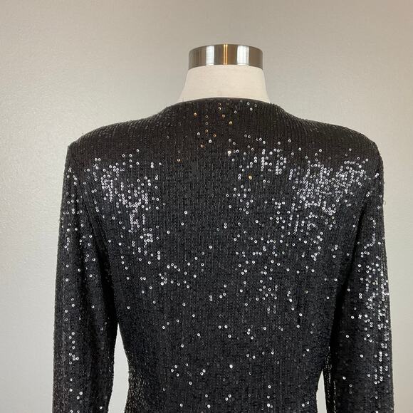DKNY Black Sequined Long Sleeve Cocktail Dress Size 8 V-Neck Tuxedo Sheath - Picture 6 of 10